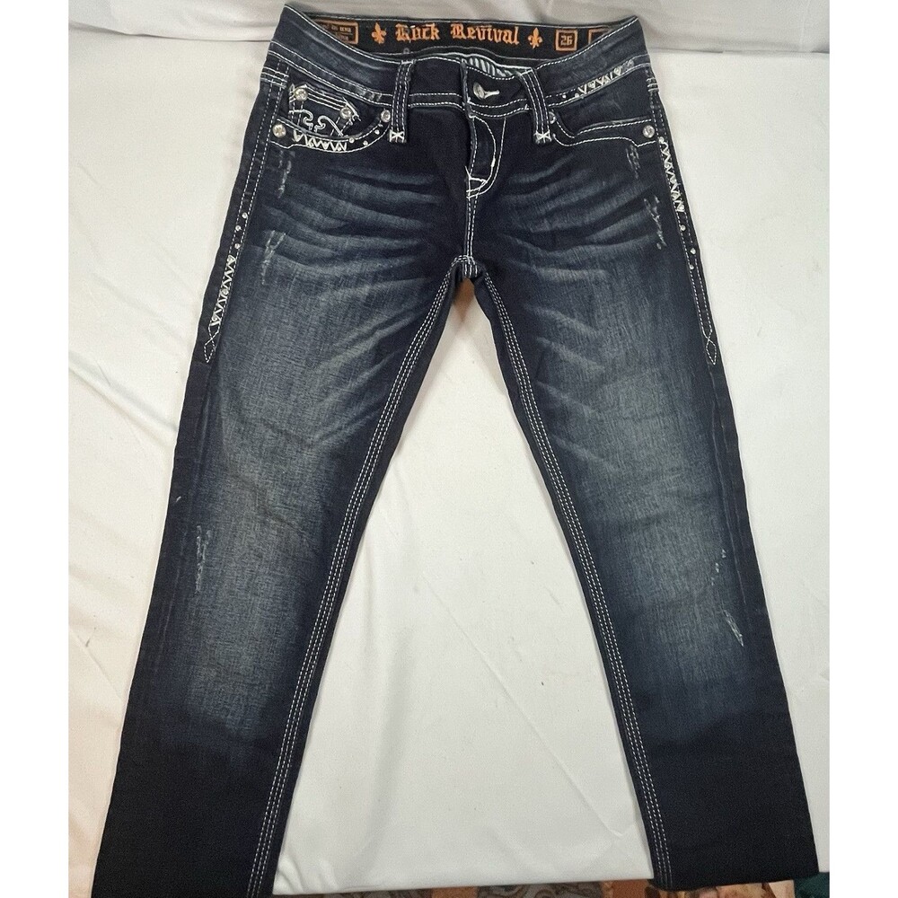 Rock Revival Erin Easy Skinny Dark Wash Distressed Jeans Size 26 Stretch Bling